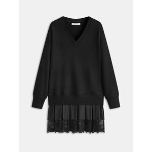 Commense Pleated Hem Lace-Trim Sweatshirt Dress Black Size L